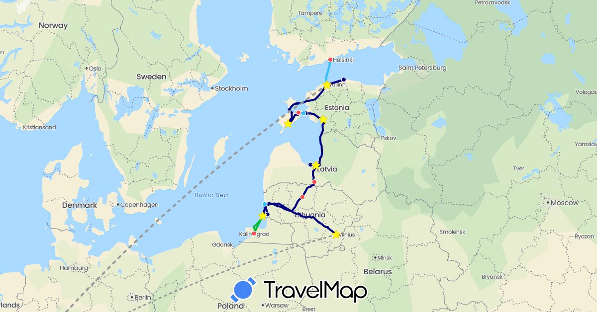 TravelMap itinerary: driving, bus, plane, cycling, hiking, boat in Estonia, Finland, Lithuania, Luxembourg, Latvia, Russia (Europe)